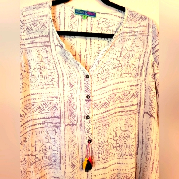 4/$20 Bombay Paisley Boho Button Down Breezy East-Indian-Inspired Top, Tassel, S - Picture 4 of 13